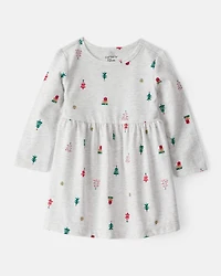 Baby Girl Christmas Tree Print Long-Sleeve Dress