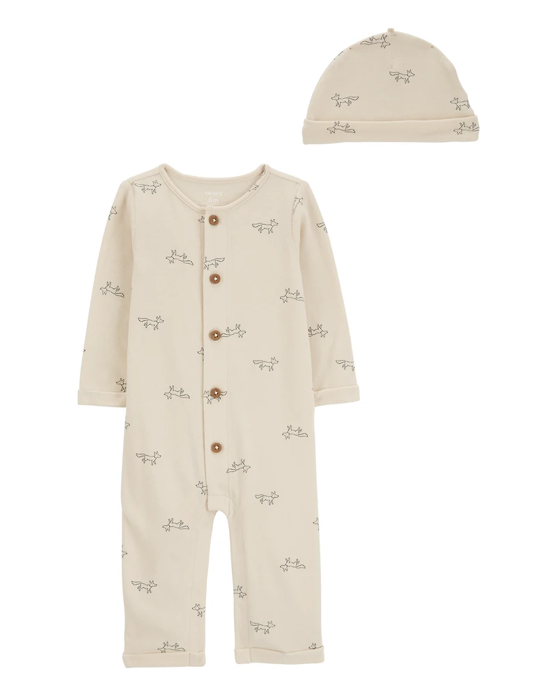 Baby 2-Piece Button Jumpsuit & Cap Set