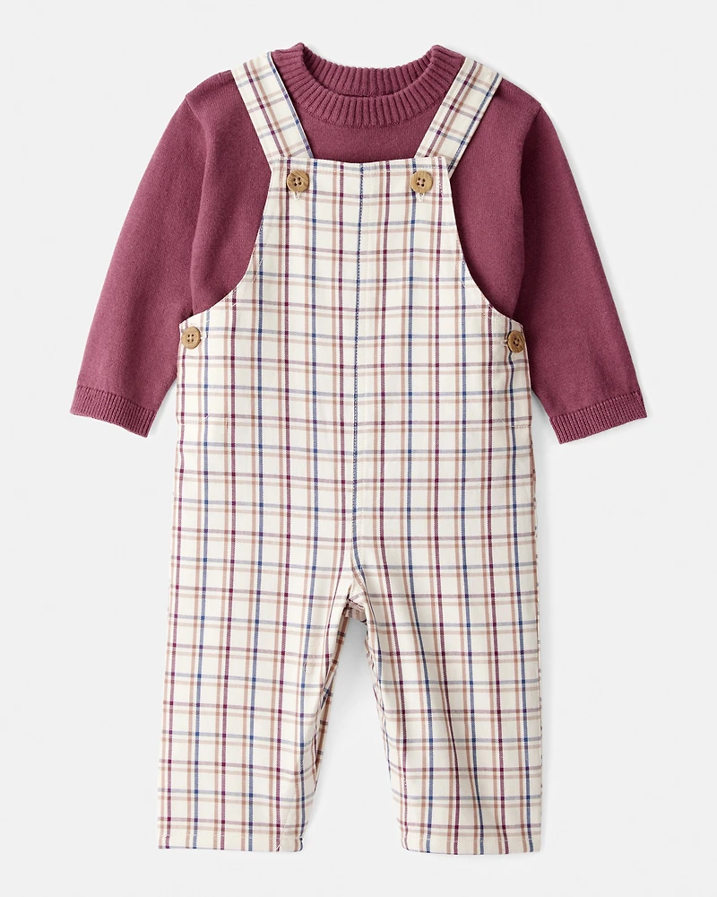 Baby Boy 2-Piece Plaid Overall Set - Maroon/Ivory