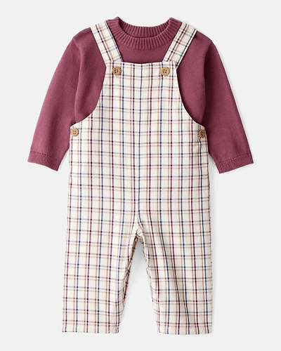 Baby Boy 2-Piece Plaid Overall Set - Maroon/Ivory