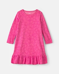 Girls Smiley Face Fleece Loose Fit Night Gown - Pink