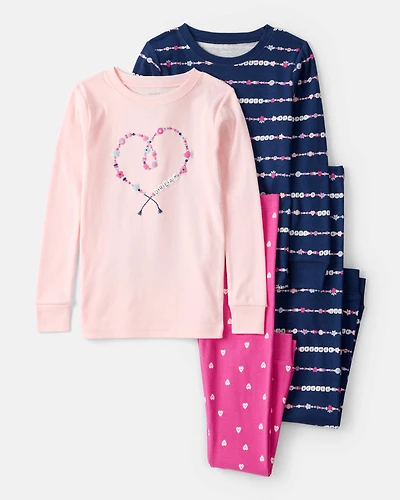 Girls Heart Print 100% Cotton Long-Sleeve Snug Fit 4-Piece Pajamas - Navy/Pink