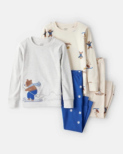 Toddler Boy Woodland Print Cotton Long-Sleeve Snug Fit 4-Piece Pajamas - White/Blue