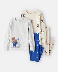 Toddler Boy Woodland Print Cotton Long-Sleeve Snug Fit 4-Piece Pajamas - White/Blue