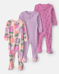 Baby Girl 3-Pack Fruit 100% Cotton 1-Piece Pajama Sets - Pink/Purple