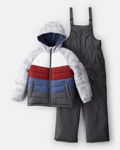Boys 2-Piece Color Block Hooded Snowsuit Jacket & Bib Set