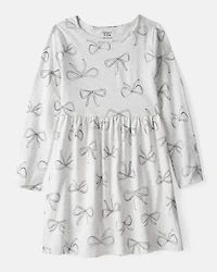 Girls Bow Print Long Sleeve Cotton Dress - Grey