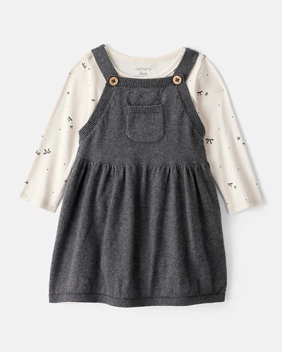 Baby Girl Bow Print Cotton Long-Sleeve Dress Set - Grey