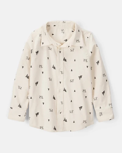 Boys Christmas Print Corduroy Long-Sleeve Button-Down Shirt - Ivory