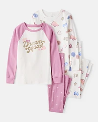 Girls Cheerleading Print 100% Cotton Long-Sleeve 4-Piece Pajamas - White/Pink