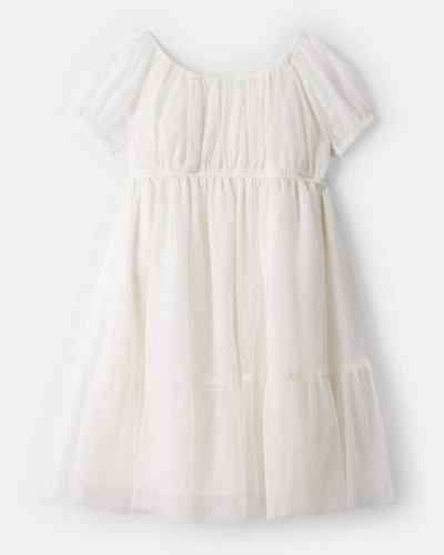 Girls Short-Sleeve Tulle Dress - White