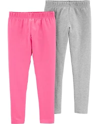 Kid 2-Pack Pink & Grey Cotton Stretch Leggings