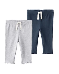 Baby Girl 2-Pack Knit Pull-On Pants Set - Grey/Navy