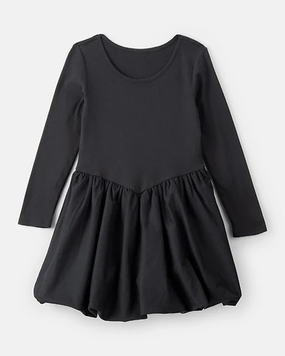 Girls Long Sleeve Cotton Bubble Dress - Black