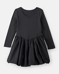 Girls Long Sleeve Cotton Bubble Dress - Black
