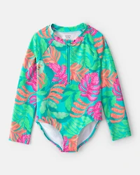 Girls Tropical Long-Sleeve 1-Piece Rashguard Swimsuit - Teal