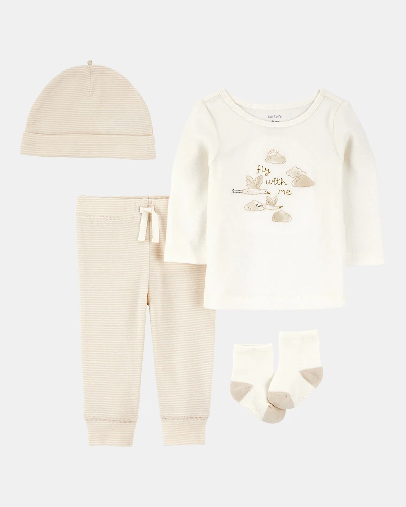 Baby 4-Piece Cloud Print Outfit Set - White/Tan