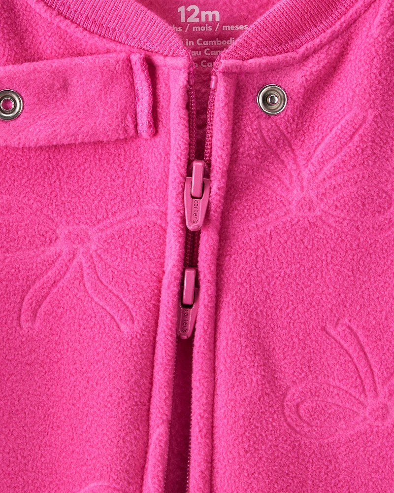 Baby Girl Bow Fleece Long-Sleeve 2-Way Zip 1-Piece Pajamas - Pink