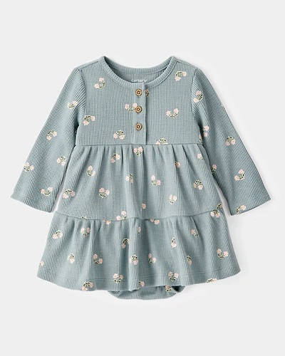 Baby Floral Waffle Knit Bodysuit Dress - Green