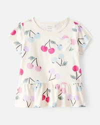 Toddler Girl 2-Piece Cherry Print Peplum Top & Solid Stretch Leggings Set - Ivory/PInk
