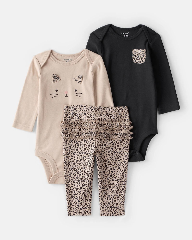 Baby Girl 3-Piece Cheetah Print Long-Sleeve Bodysuit & Pant Set