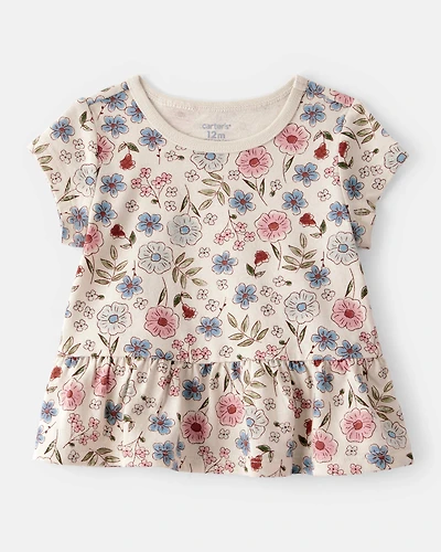 Baby Girl Floral Short-Sleeve Peplum Top - Cream