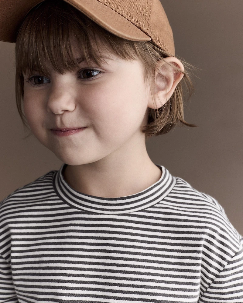 Toddler Girl Striped Ruffle Edge Long-Sleeve Top - Dark Grey/Ivory