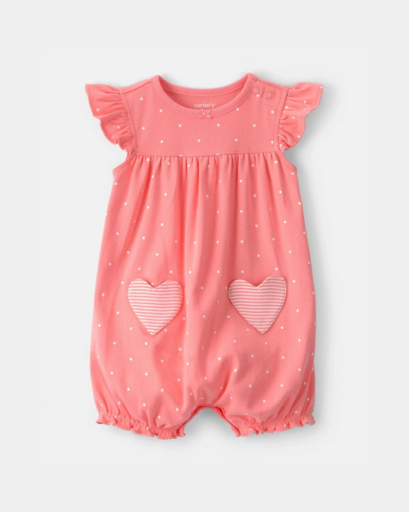 Baby Girl Heart Pocket Short-Sleeve Romper - Pink