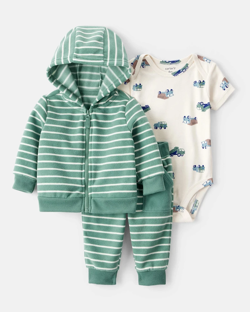 Baby Boy 3-Piece Construction Striped Print Hooded Zip-Up Jacket, Bodysuit & Pant Set - Green