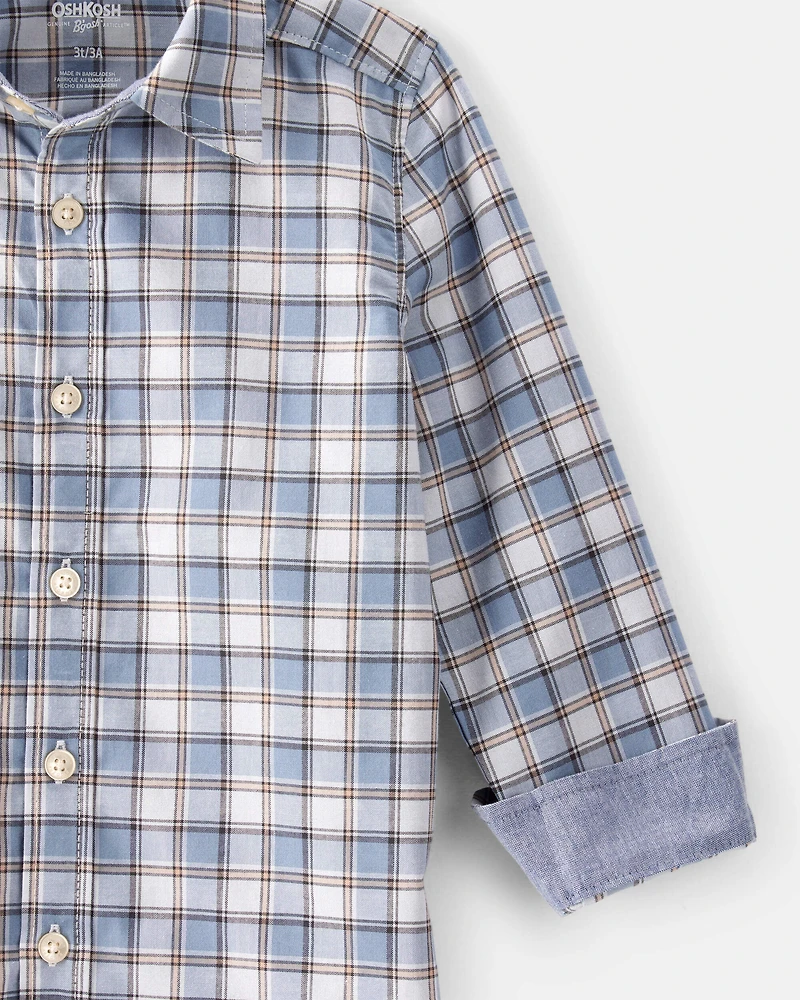 Toddler Boy Plaid Cotton Long-Sleeve Button-Down Shirt - Blue