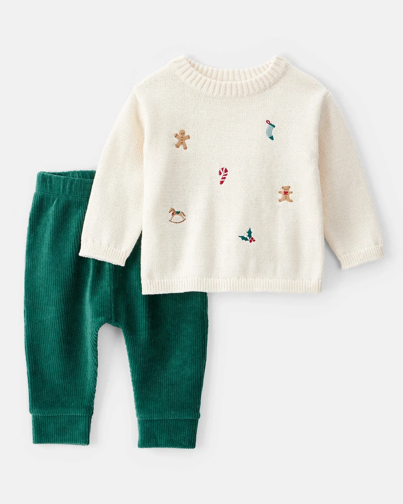Baby Boy Holiday Print Long-Sleeve Sweater & Pant Set - White