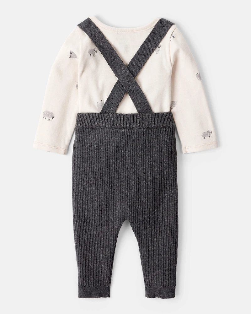 Baby Boy Sheep Print Cotton Long-Sleeve Overall Set - White/Grey