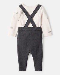 Baby Boy Sheep Print Cotton Long-Sleeve Overall Set - White/Grey