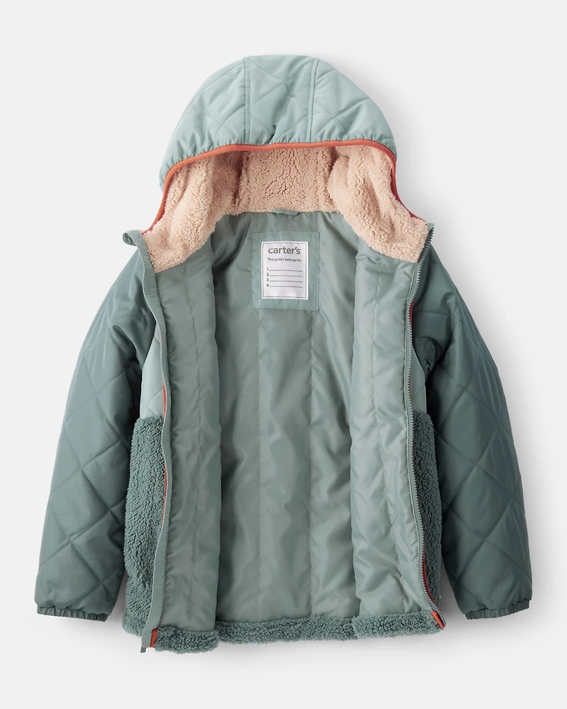 Boys Long-Sleeve Midweight Quilted Sherpa Jacket - Green