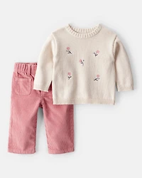 Baby Girl 2-Piece Floral Sweater & Pant Set - Cream