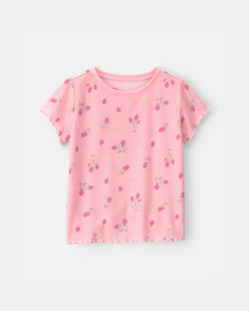 Girls Strawberry Rib Loose Fit 2-Piece Pajama Set - Pink