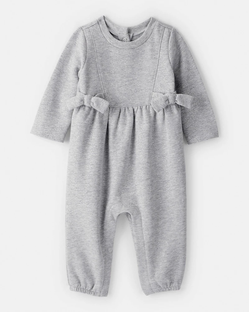 Baby Girl DayDream Fleece Bow Glitter Long-Sleeve Jumpsuit - Grey