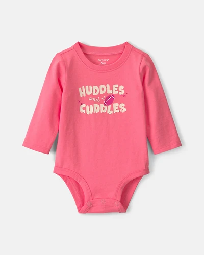 Baby Girl 'Huddles And Cuddles' Football Long-Sleeve Graphic Bodysuit - Coral