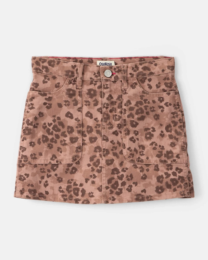 Girls Leopard Print Denim Skirt - Brown
