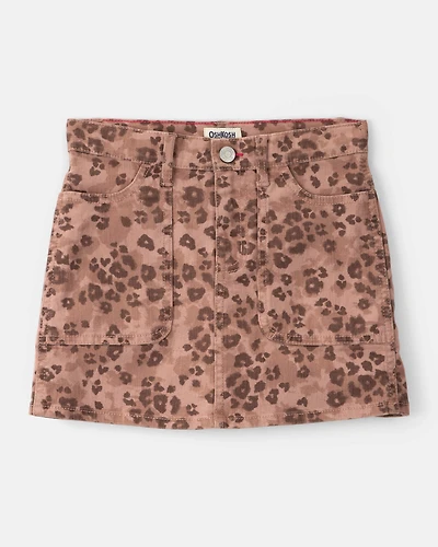 Girls Leopard Print Denim Skirt - Brown