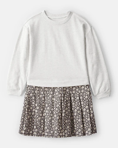Girls Floral Sweatshirt Dress - Grey/Green