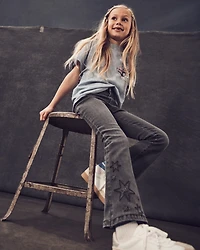 Girls Star Print Denim Bootcut Jeans - Black