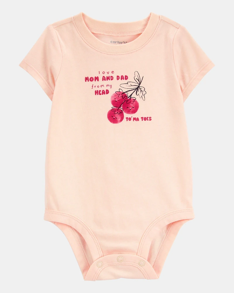 Baby Mom And Dad Tomatoes Short-Sleeve Bodysuit - Pink