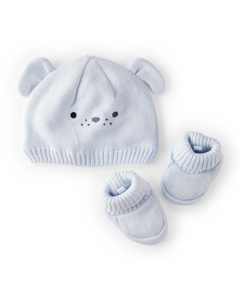 Baby 2-Piece Puppy Crochet Booties & Hat - Blue