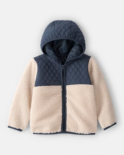 Toddler Boy Color Block Hooded Sherpa Zip-Up Jacket - Khaki/Navy