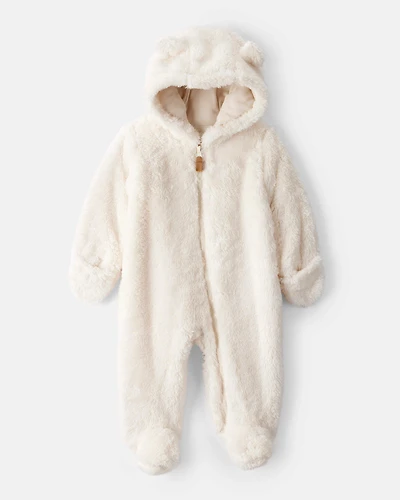 Baby Sherpa Hooded Long-Sleeve Jumpsuit - White