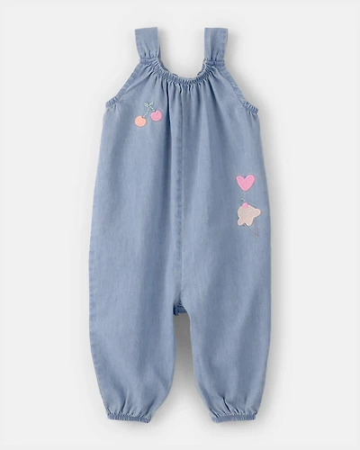 Baby Girl Embroidered Chambray Sleeveless Jumpsuit - Blue
