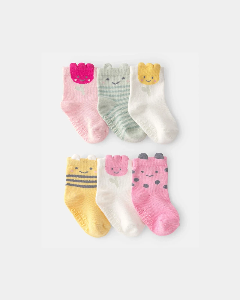Baby Girl 6-Pack Floral Critter Socks - Pink/Yellow