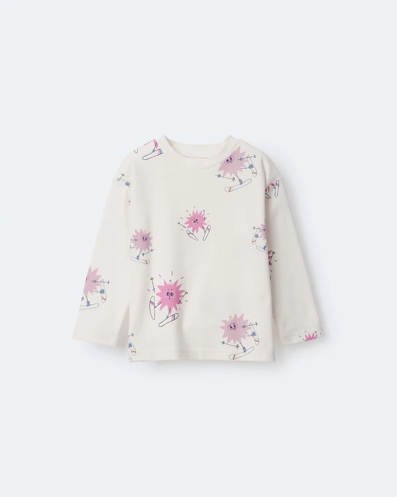 Toddler Girl Skiing Abstract Long-Sleeve Relaxed Graphic Tee - Cream