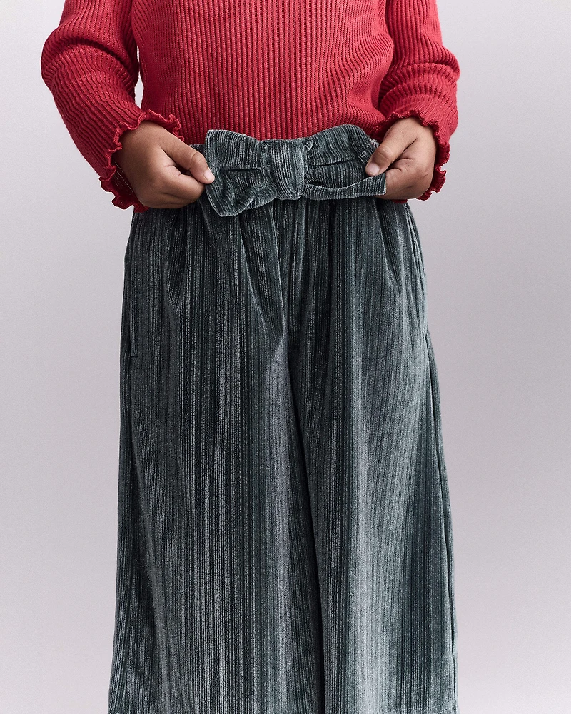 Toddler Girl Velvety Wide-Leg Pant with Bow - Dark Green